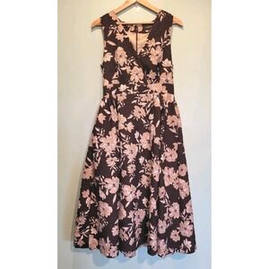 Brown Tan Textured Floral Fit & Flare Midi Dress Free Market Pockets Sz L